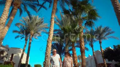 老两口在酒店旁的棕榈树下散步和交谈。 喜欢度假的人。 全都包括在内。